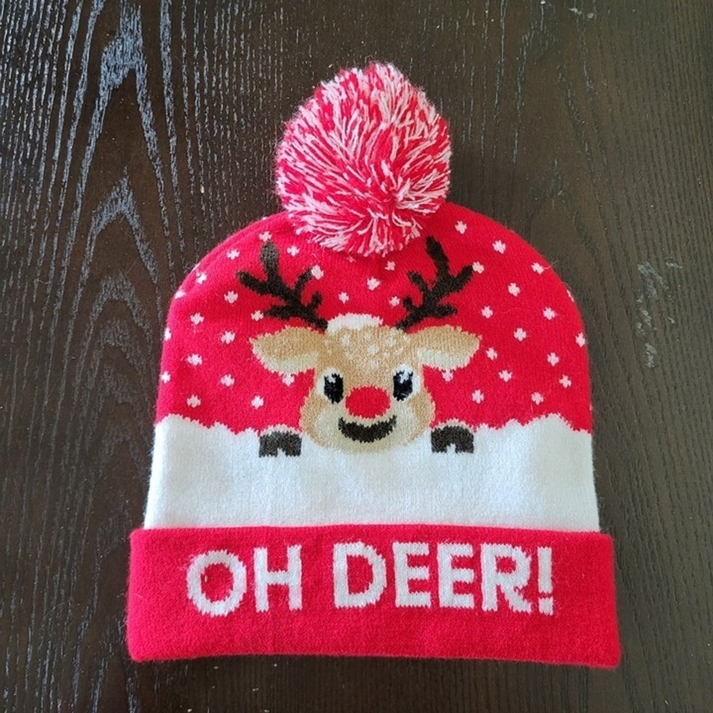 Christmas Reindeer Beanie Hat "OH DEER!" with Pom Pom